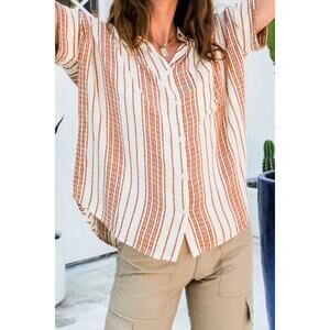 En Creme Tay Striped Short Sleeve Button-Down Shirt Top Cream Camel Womens Large